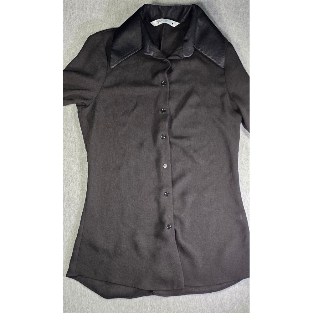 Zara Womens Black Satin Contrast Collar Button Down Shirt Long Sleeve Blouse XS